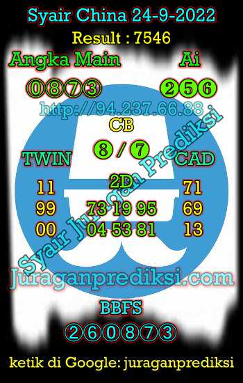 Prediksi Syair China 24 September 2022 dan Kode Syair China hari ini adalah Bocoran China serta Prediksi china akurat Sabtu 24-9-2022. Prediksi togel china 4d hari ini kami ambil dari syair china Sabtu 24 September 2022.