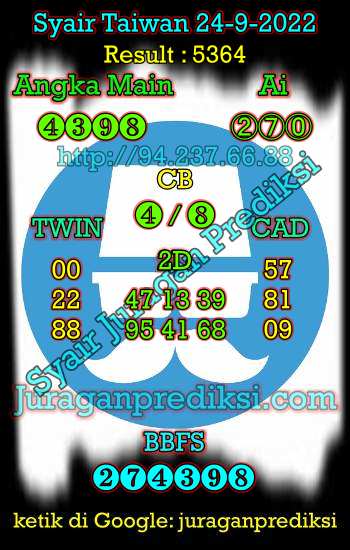 Prediksi Taiwan 24 September 2022 adalah prediksi taiwan dan juga Syair taiwan hari ini Sabtu 24 9 2022 yang merupakan angka keluar togel taiwan malam hari ini. Sedangkan toto jitu taiwan dan taiwan lottery merupakan angka jitu dari kode syair taiwan malam ini.